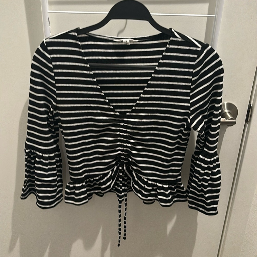 Size S, black and white striped Jack by BB Dakota cropped shirt